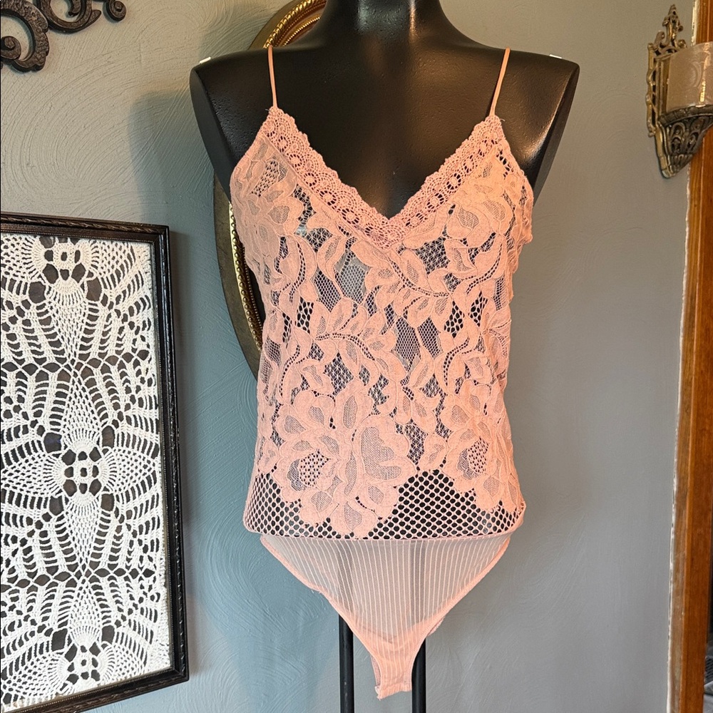 Kendall & Kylie Pink Lace Mesh Bodysuit